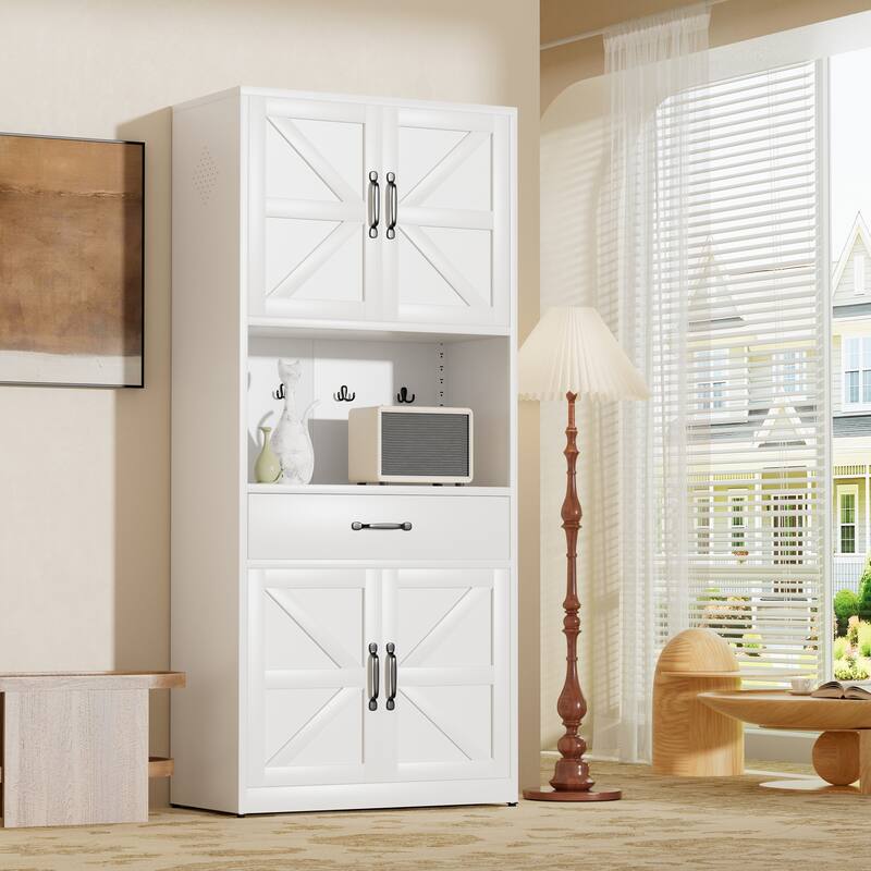 71" White Steel Kitchen Pantry with Large Countertop, Adjustable Shelves, Drawers & Hooks
