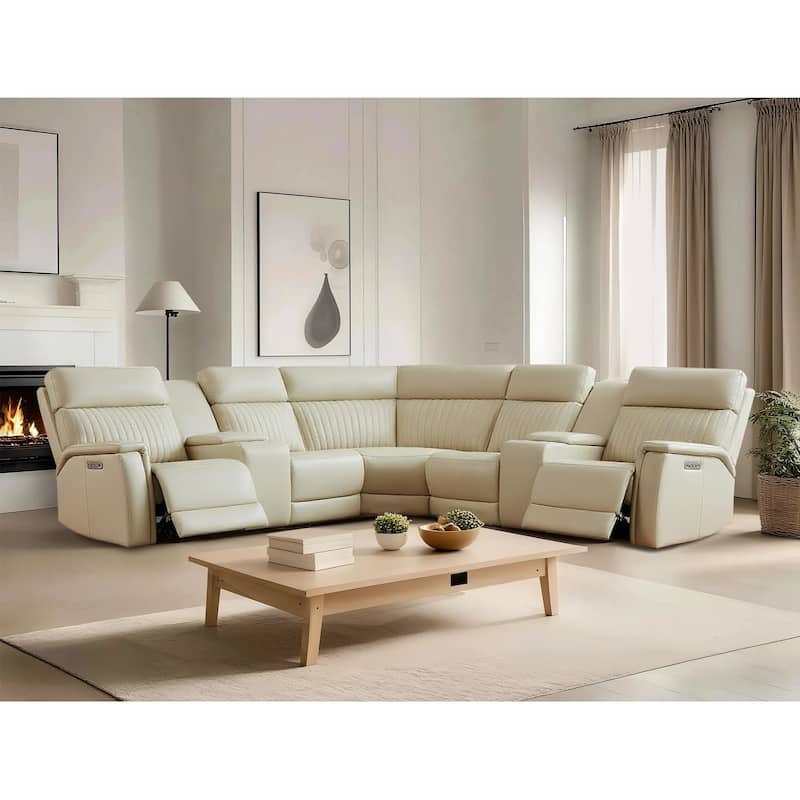 7PCS, 2 Power Recliners, Leather Reclining Sectional with Power Headrest - Cream
