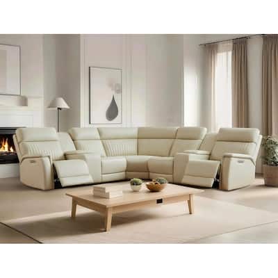 Genuine Leather Power Recliner Sectional Sofa with Ajustable Headrest, Power Lumbar, USB&USB-C Port
