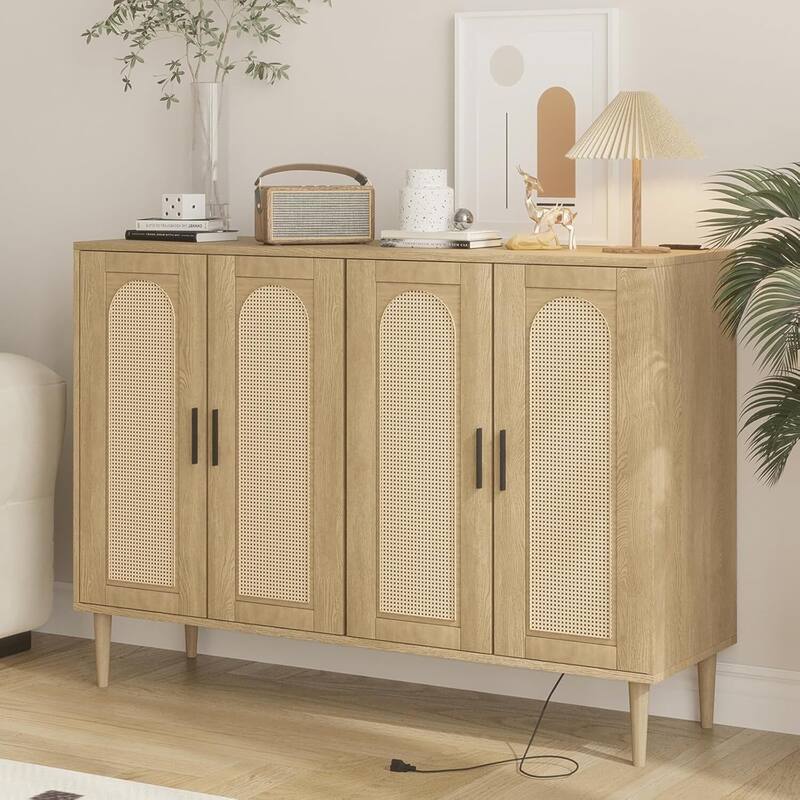 Rattan Sideboard Buffet Cabinet With Power Outlet, BOHO Wooden Side board With 4 Doors
