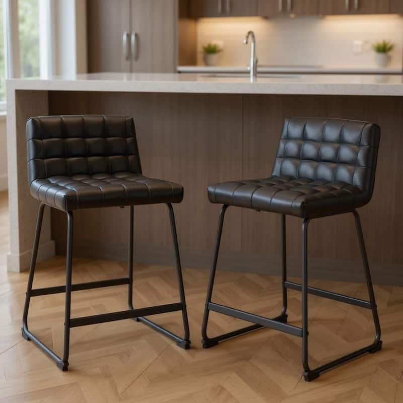 HomeRoots Set of Two 26" Black Faux Leather and Steel Counter Height Bar Chairs - Counter Height - Black - Set of 2