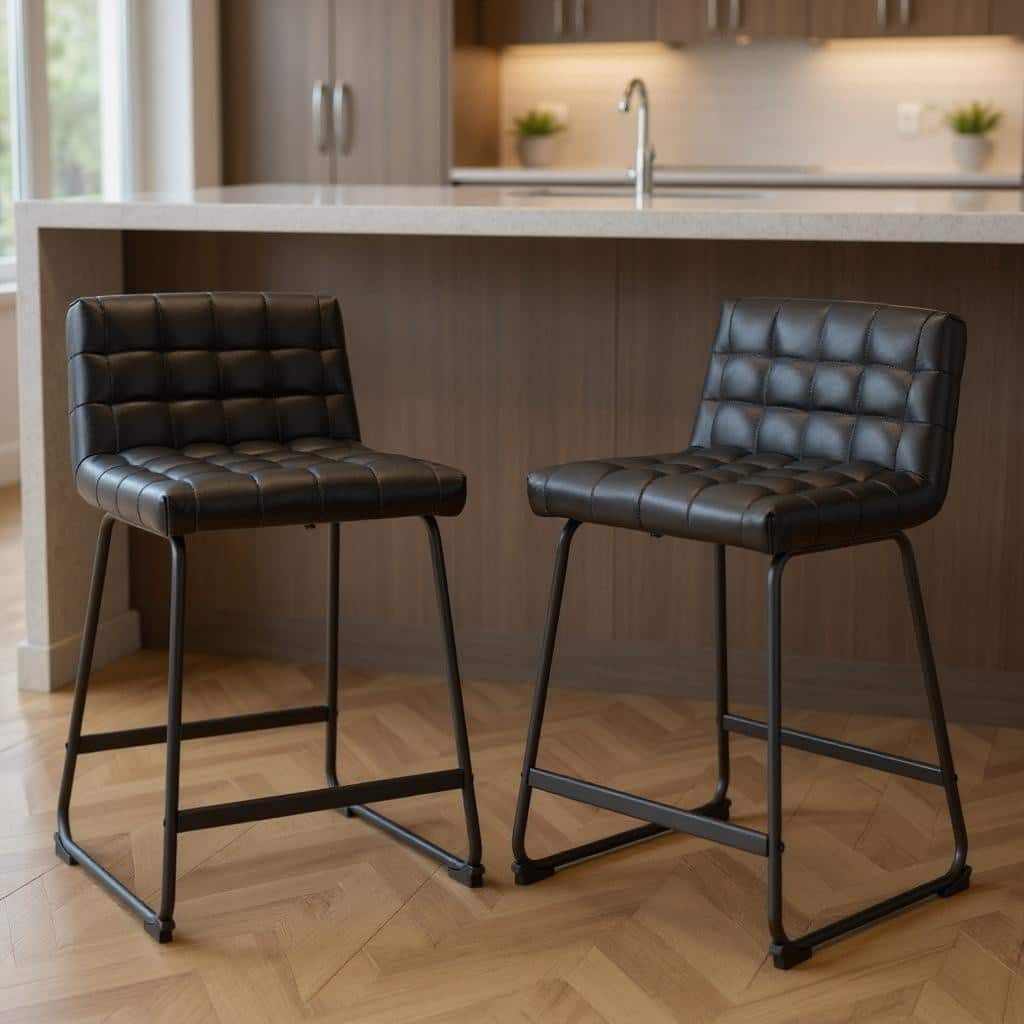 HomeRoots Set of Two 26" Black Faux Leather and Steel Counter Height Bar Chairs