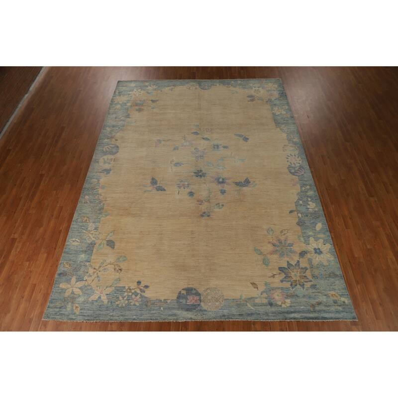 Hand Knotted Oriental 100% Wool Carpet Traditional Floral Beige & Ivories Art Deco Area Rug - 13' 5'' X 9' 8''