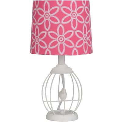 Birdcage 17" Metal Table Lamp with Linen Shade, White