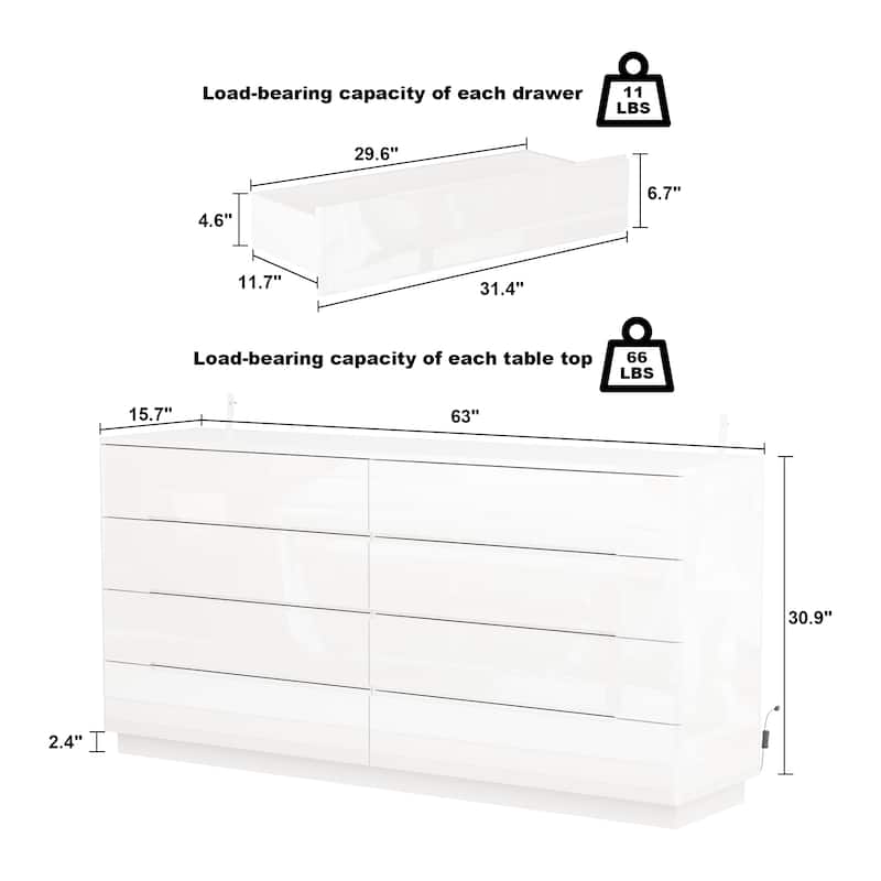 63" High Gloss Dresser With Light Chest w/8 Drawers&Spacious Tabletop
