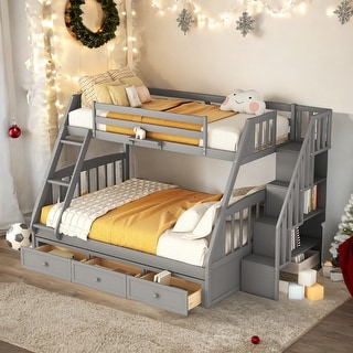 Twin-over-Full Bunk Bed with Drawers,Ladder and Storage Staircase