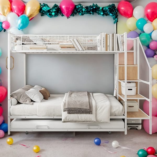 slide 2 of 28, Twin Over Full Bunk Bed with Wardrobe,Trundle and Storage,Kids Bed Design White
