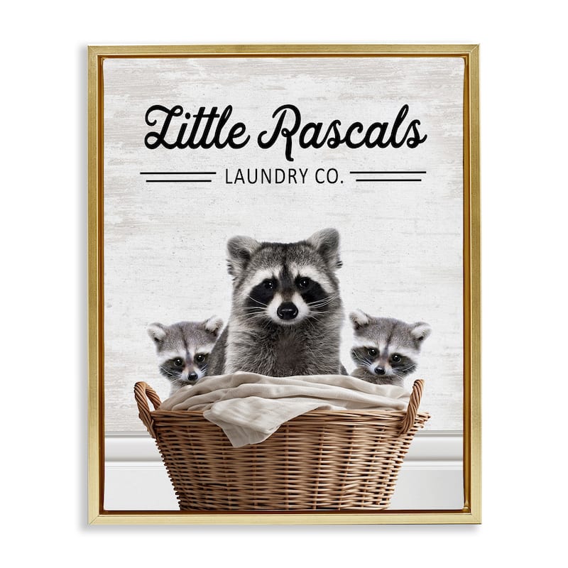 Stupell Little Rascals Laundry Raccoons Framed Floater Canvas Wall Art Design By Lettered and Lined - 17 x 21 - Gold