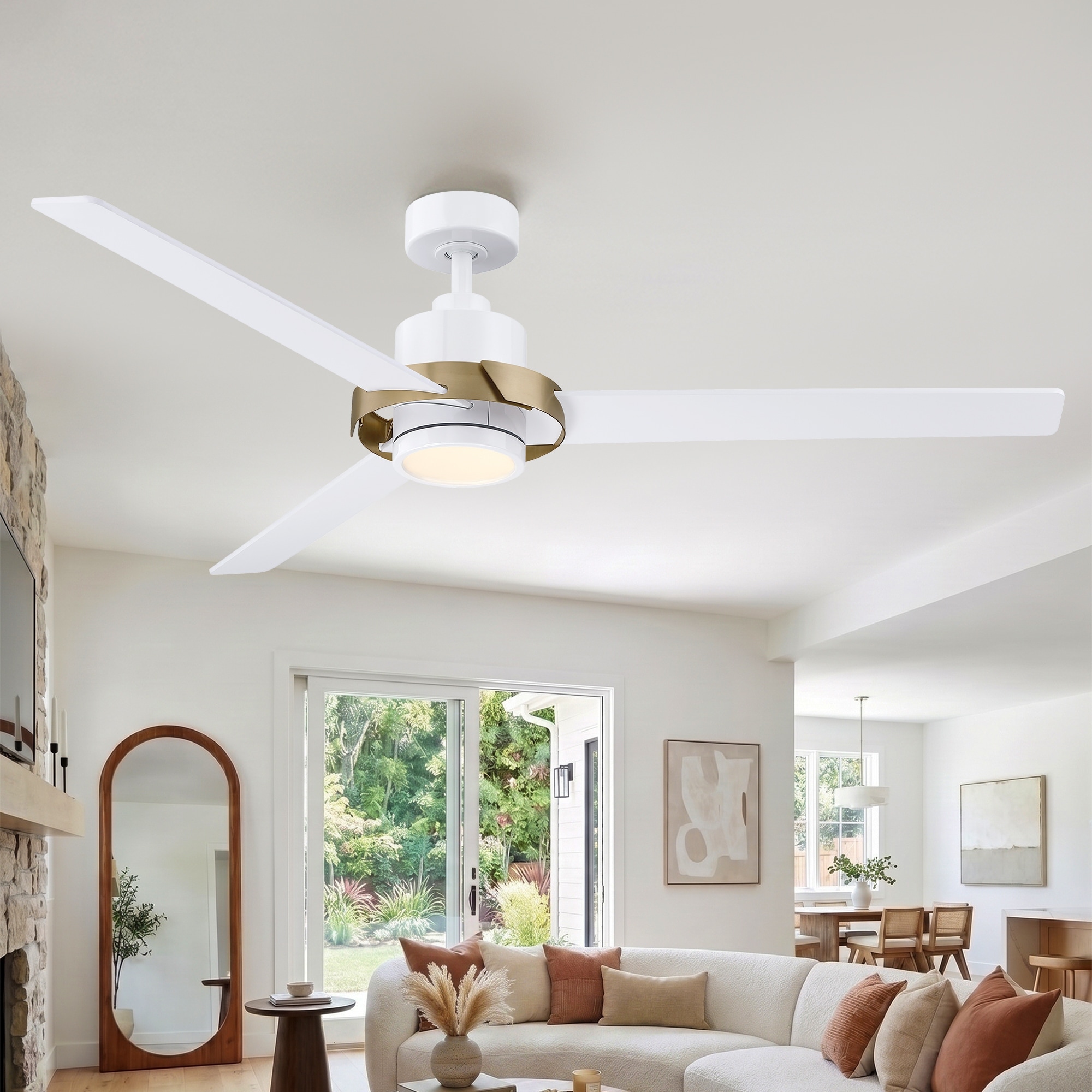 60" White Modern Minimalist Plywood 3-Blade Dimmable LED Ceiling Fan with Light and Remote