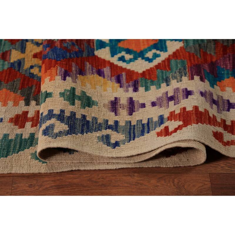 Geometric Trellis Kilim Oriental Area Rug Hand-Woven Wool Carpet - 10'5"x 13'0"