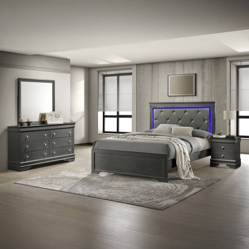 Blaze 4PC/5PC Bedroom Set - Modern Elegance with Tufted LED Bed, Velvet-Lined Drawers, and Textured Detailing - Grey - Full - 4 Piece