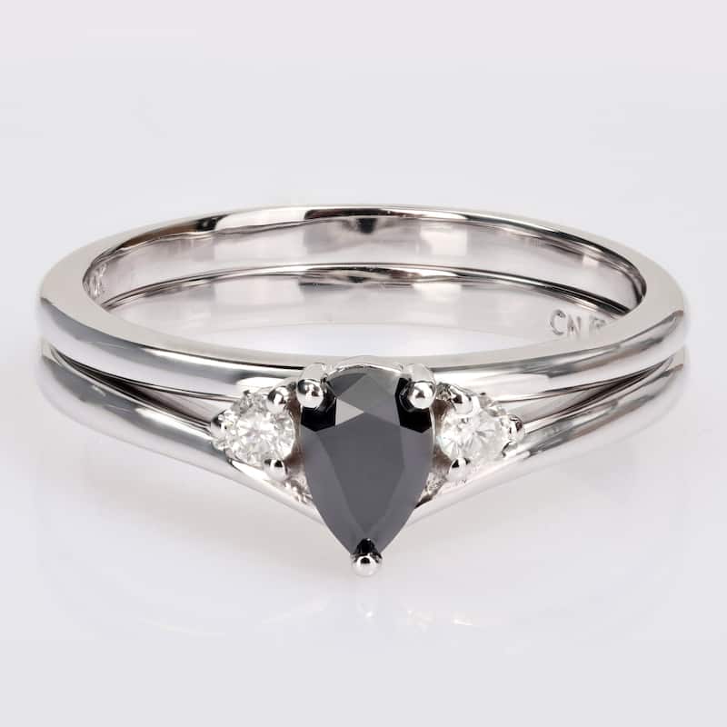 Miadora 3/5ct TDW Pear & Round-Cut Black & White Diamond 3-Stone Bridal Ring Set in 10k White Gold