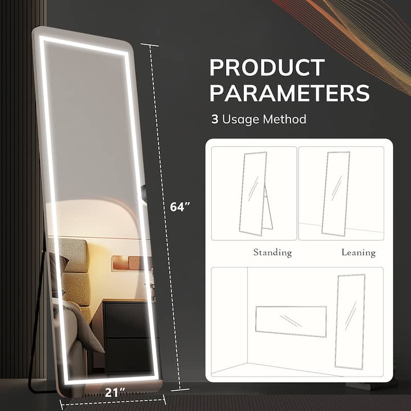 Rectangle Aluminum Alloy Frame Full Length Mirror with Stand & Dimmable 3-Color Lighting for Bedroom Cloakroom