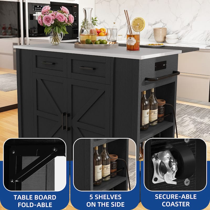 Moasis Drop Leaf Kitchen Island Cart with Stainless Steel Top And Power Outlets