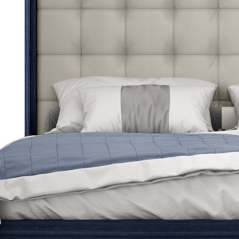 HomeRoots Blue and Gray Wood And Tufted Faux Leather Lighted King Bed Frame