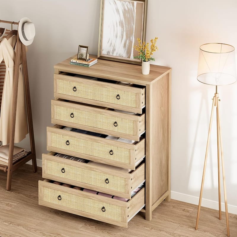 Rattan Dresser Storage Cabinet for Bedroom Living Room, Natural Oak