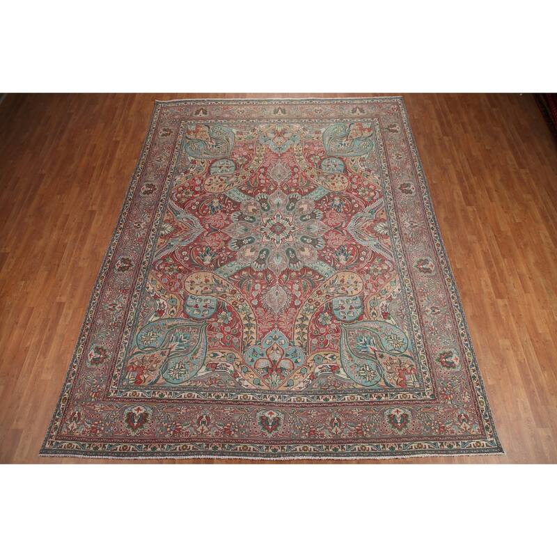Hand Knotted Oriental 100% Wool Carpet Traditional Floral Red Tabriz Area Rug - 12' 8'' X 9' 8''