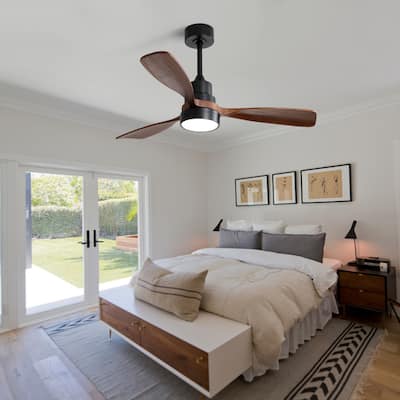 48 Inch Wood Ceiling Fan with Light, 3 Solid Wood Fan Blades, 6-speed Reversible DC Motor Ceiling Fan Chandelier, Black+Walnut