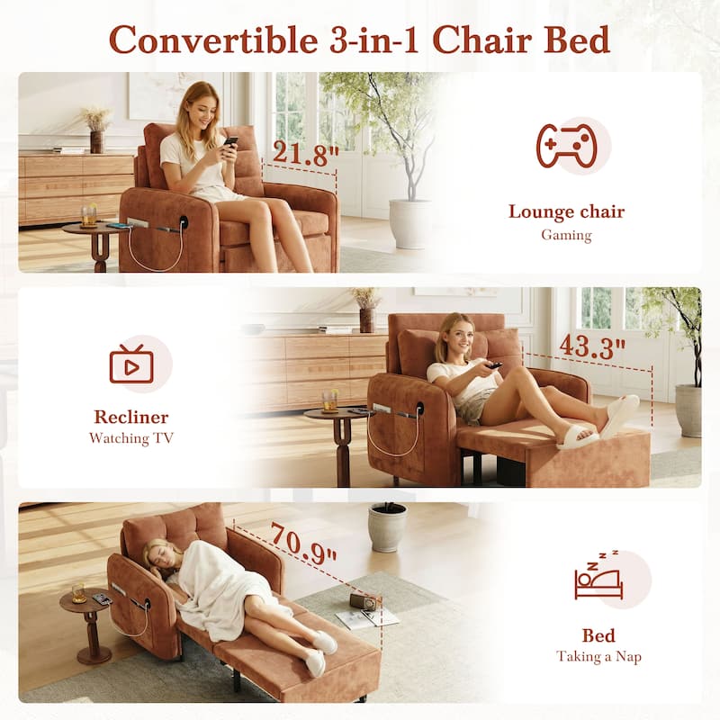 3-in-1 Chenille Accent Chair Convertible Sleeper Sofa Bed, 80" Extra Long Pull-out Chair Bed with USB and Type-C Ports