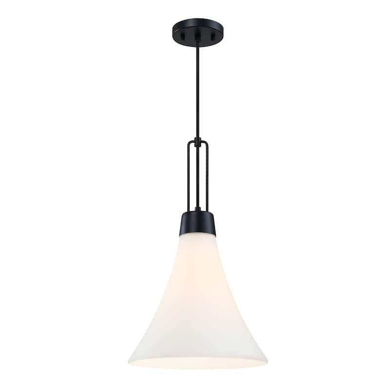 Evergreen Oasis 60 Watt 1-Light Matte Black Down Pendant Light with Etched Opal Glass Shade - 20