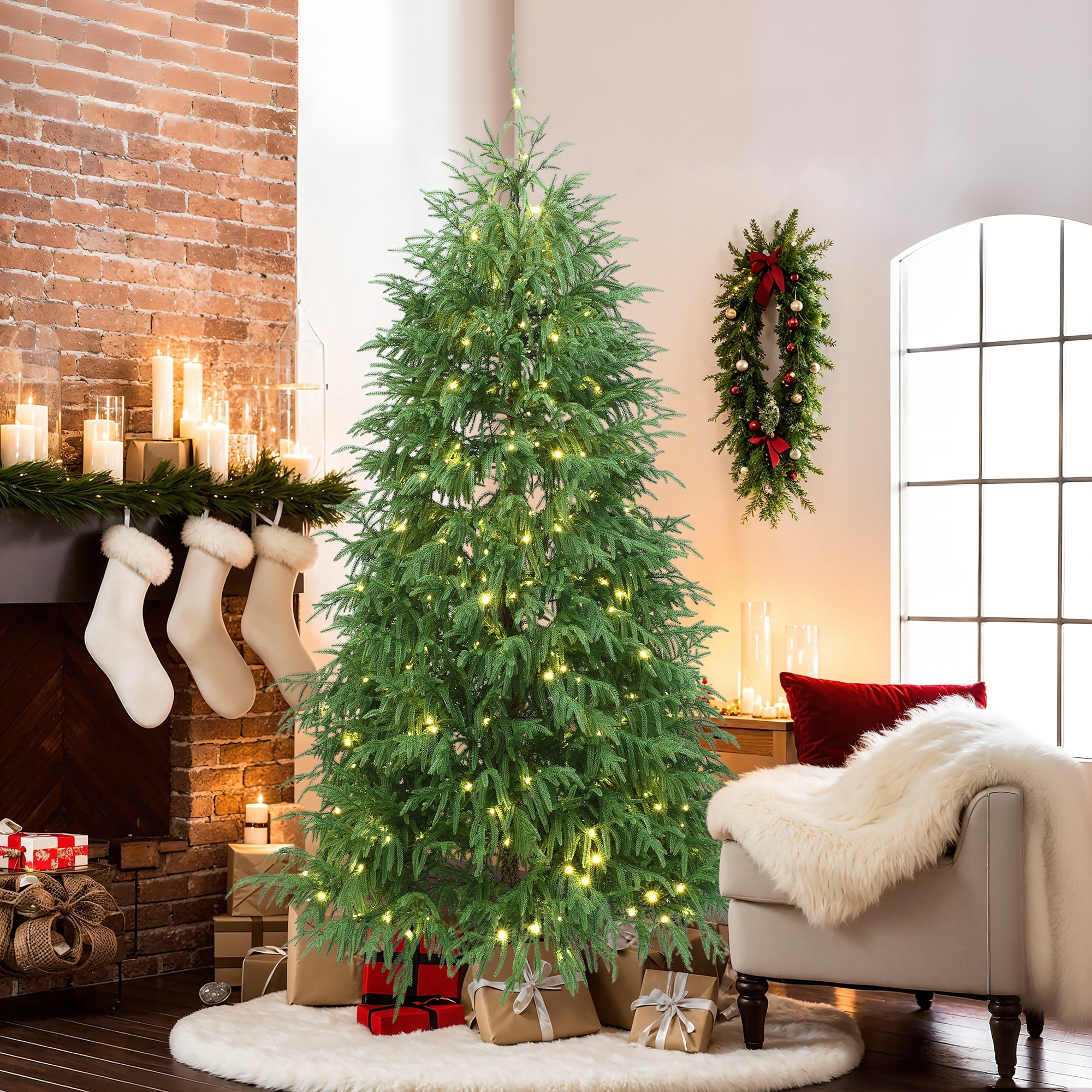 Pre-Lit Green Full Artificial Cedar Christmas Tree with Metal Stand
