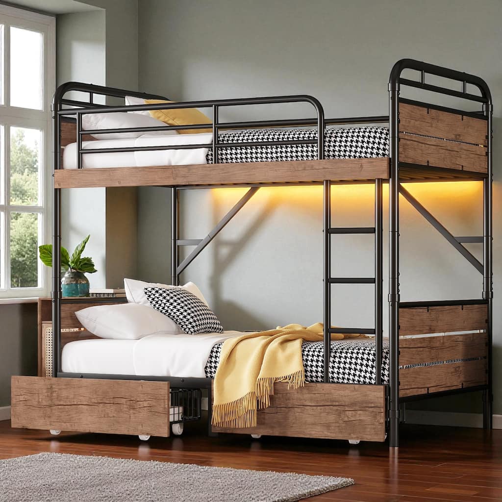 Twin XL over Twin XL Metal Bunk Bed with LED Lights, Charging Station & Storage Drawers, Detachable into 2 Beds