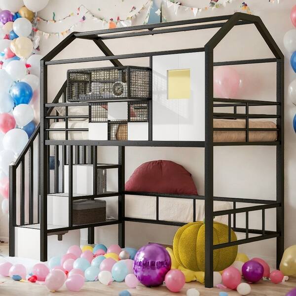 slide 2 of 15, Artsy Metal Loft Bed with roof design and a storage box, Twin, Black Black