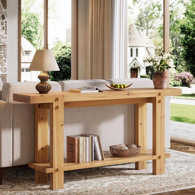 63" Solid Wood Farmhouse 2-Tier Console Table Entryway Sofa Table - 63" W x 11.8" D x 31.5" H
