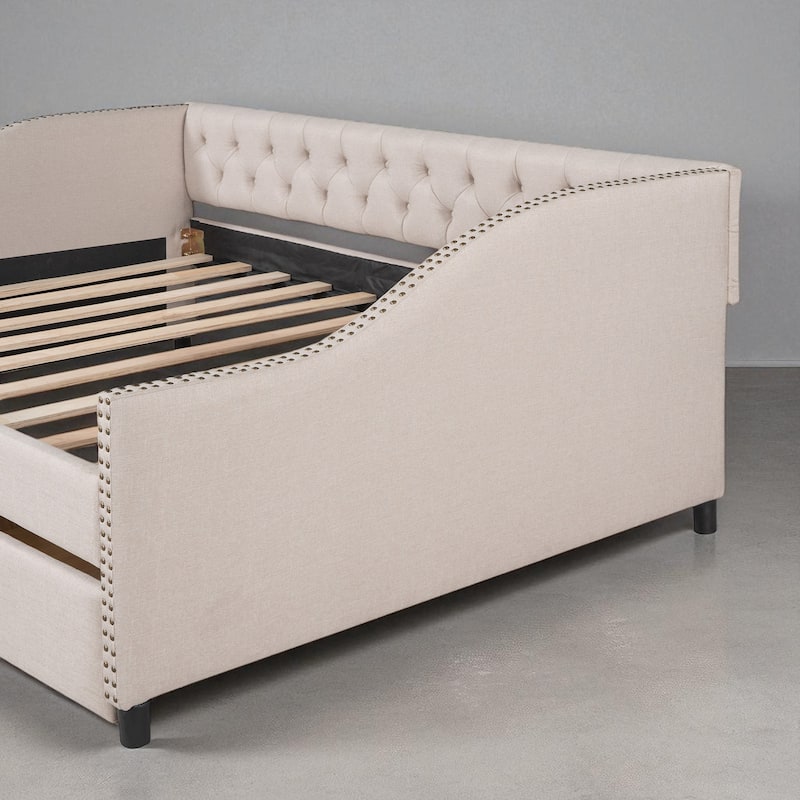 Full Size Upholstered Daybed with Storage Drawers, Diamond Tufted Backrest, Linen Fabric, Wood Slat Support