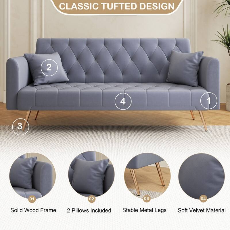 71" Velvet Green Gray Double Sofa Bed