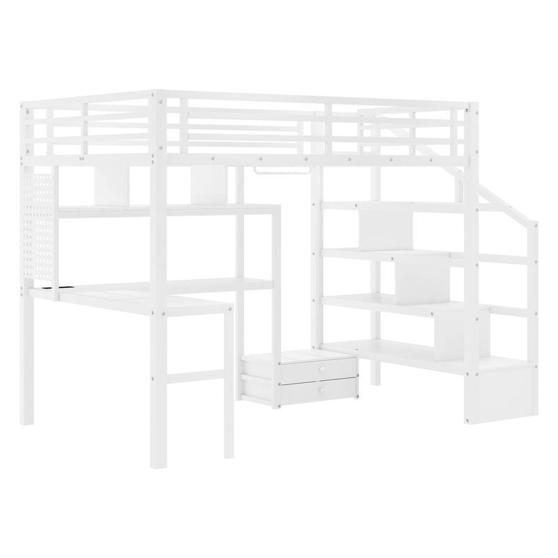Full Size Metal Loft Bed with LED Lights, Desk, Staircase, and Wardrobe for Kids, White