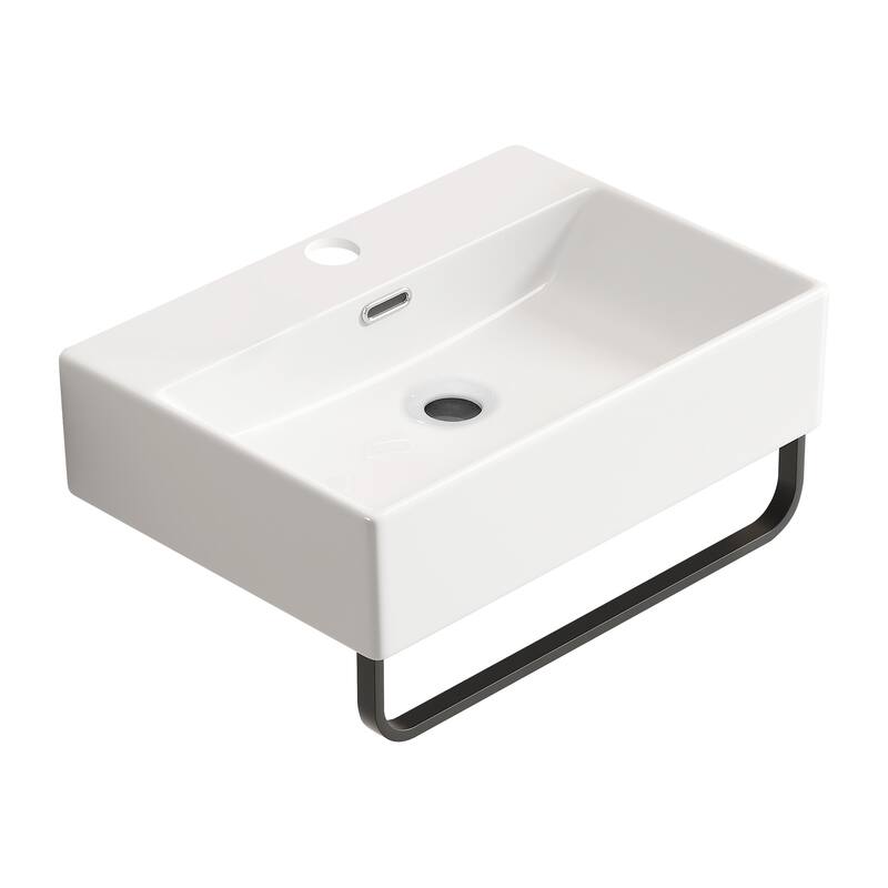 GDFStudio - Vale Modern Ceramic Wall Mounted Vessel Sink with Integrated Towel Bar and Faucet Hole - Milk White - 20.08"