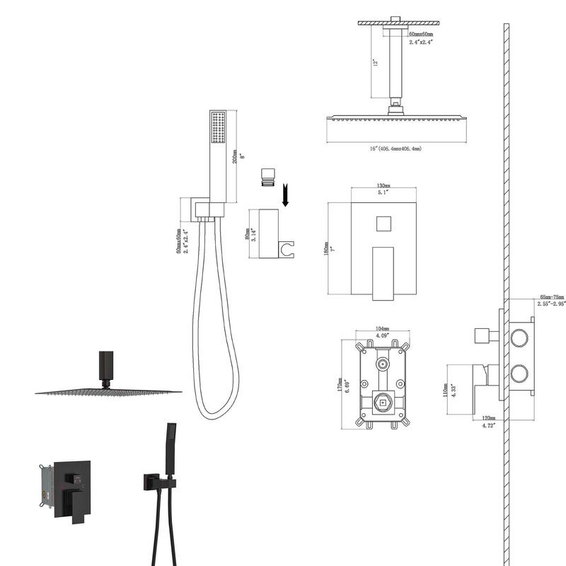 Ceiling-Mounted Square Shower System and Handheld Showerhead Set