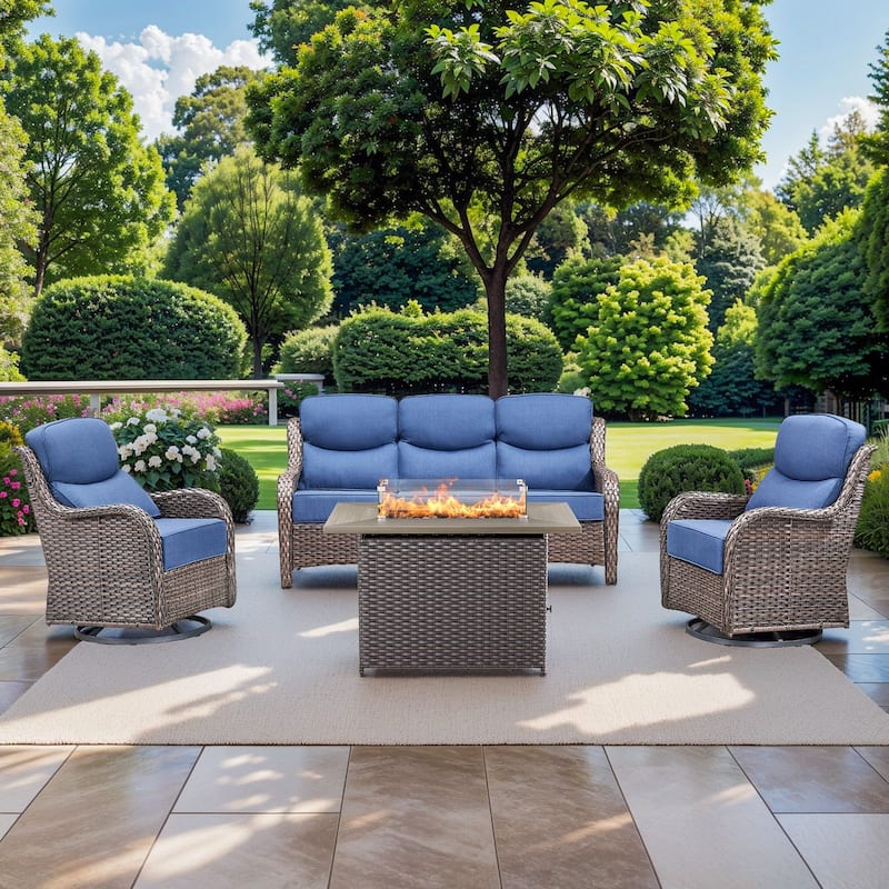 Pocassy Outdoor 6 Inch Sofa Chair Ottoman with Fire Pit Table Set - Brown Wicker Blue Cushion - 4 Pieces Sofa Chair with Fire Table