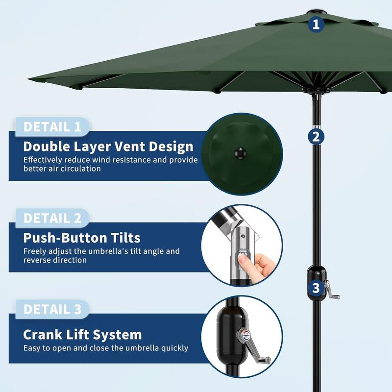 10Ft Patio Umbrella - 8 Sturdy Ribs Outdoor Table Umbrella with Crank Lift & Push Button Tilt
