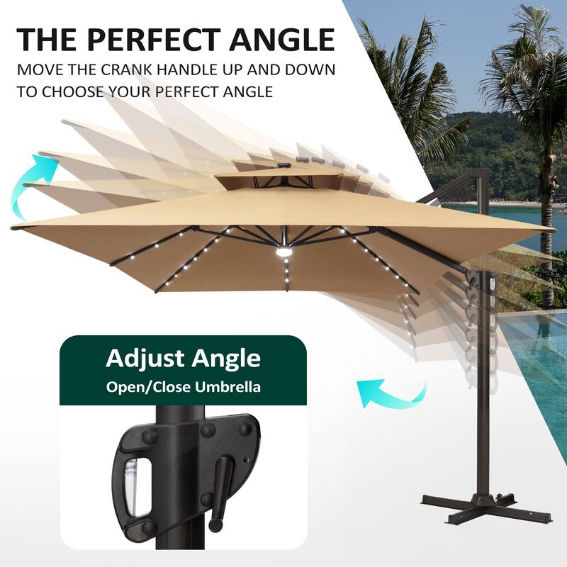 10 X 13 FT Outdoor Patio Cantilever Umbrella with Solar Lights Double Canopy 360 RotationTilt