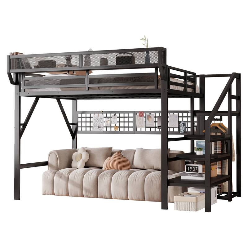 Full / Queen Metal Loft Bed with Stairs Light Storage Wardrobe for Kids Teens Adults