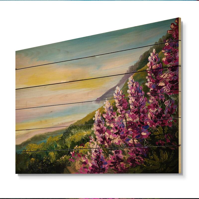 Designart 'Purple Flowers In Coastal Scenery' French Country Wood Wall