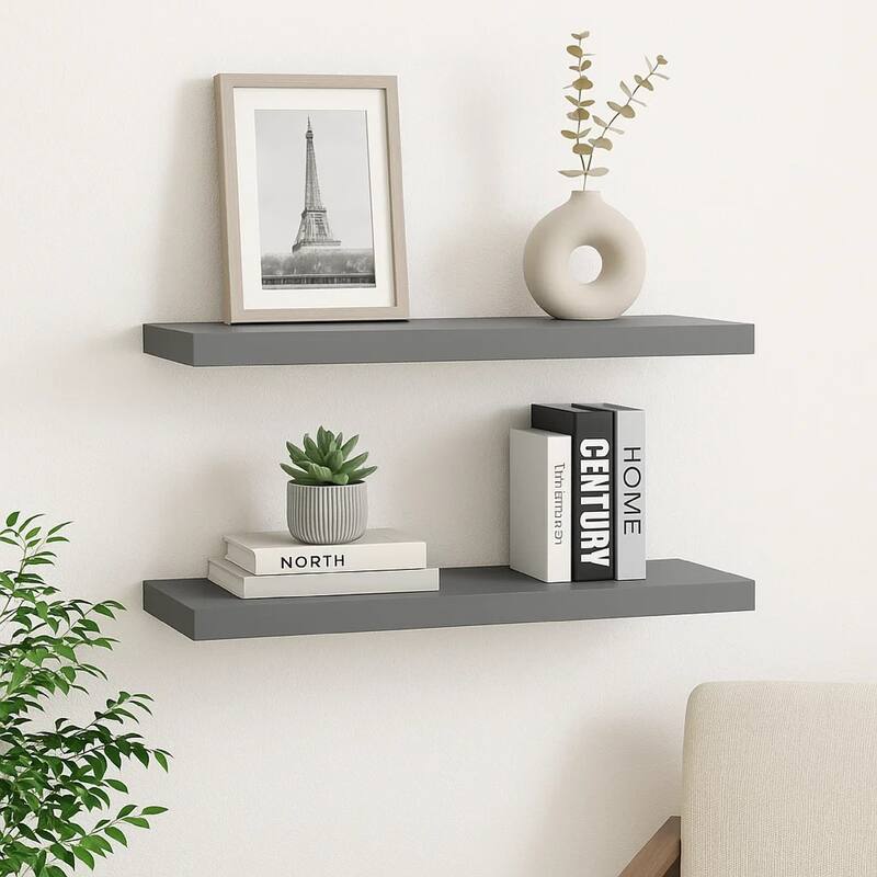 Zyno Wall Shelf Set of 2, Matte Gray MDF Body, Modern Design 32 Inch