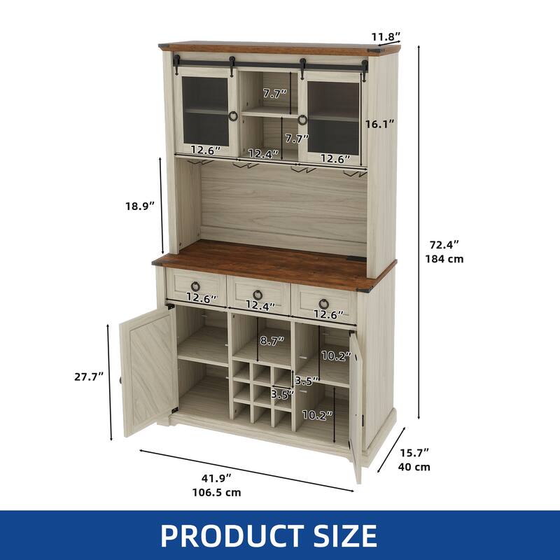 Moasis 72" Farmhouse Bar Cabinet with Bottle Rack and Wine Glass Holder, Large Kitchen Buffet with Shelves