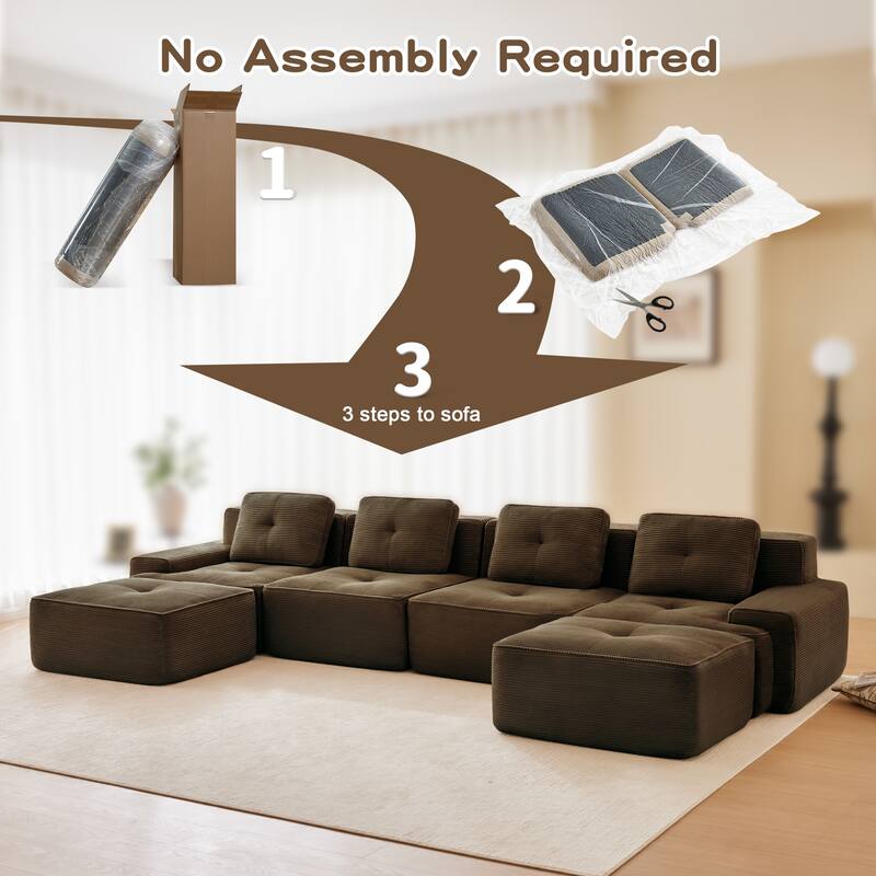 Roomfitters No Assembly Modular Sofa, 117 Inch Corduroy 3-Seater with Piping, Brown