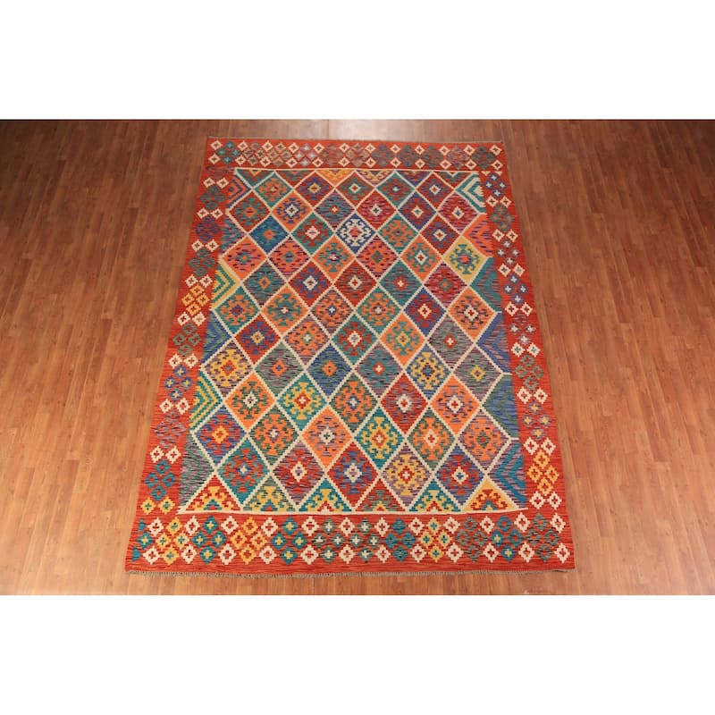 Geometric Kilim Reversible Area Rug Flatweave Orange Wool Carpet - 8'0"x 11'2"