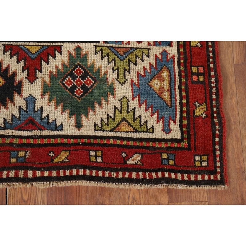 Pre-1900 Antique Kazak Vegetable Dye Runner Rug Handmade Wool Carpet - 3'11" x 8'7"
