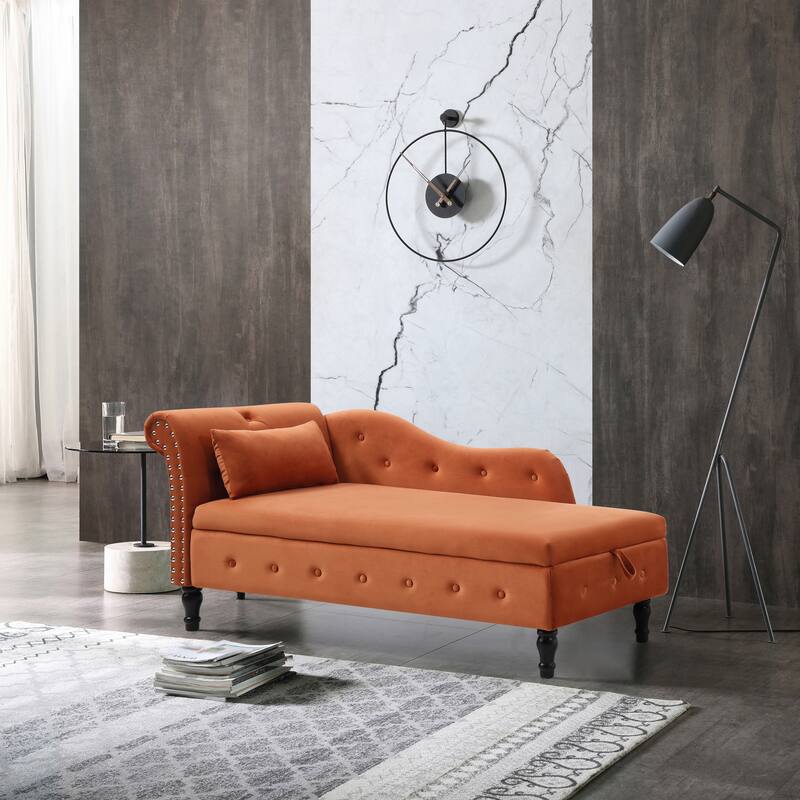 Orange Modern 60" Velvet Upholstered Buttons Tufted Chaise Lounge Chair with Solid Wood Legs and Storage