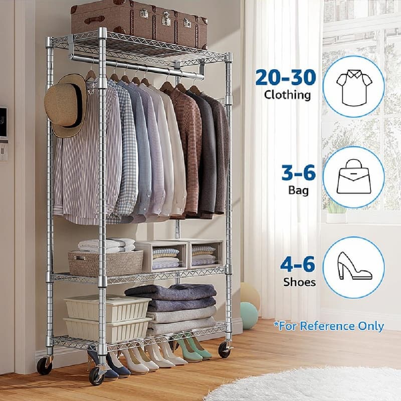Heavy Duty Rolling Garment Rack with Wheels, 3-Tier Adjustable Wire Shelving, Clothes Rack with Rods & Side Hooks
