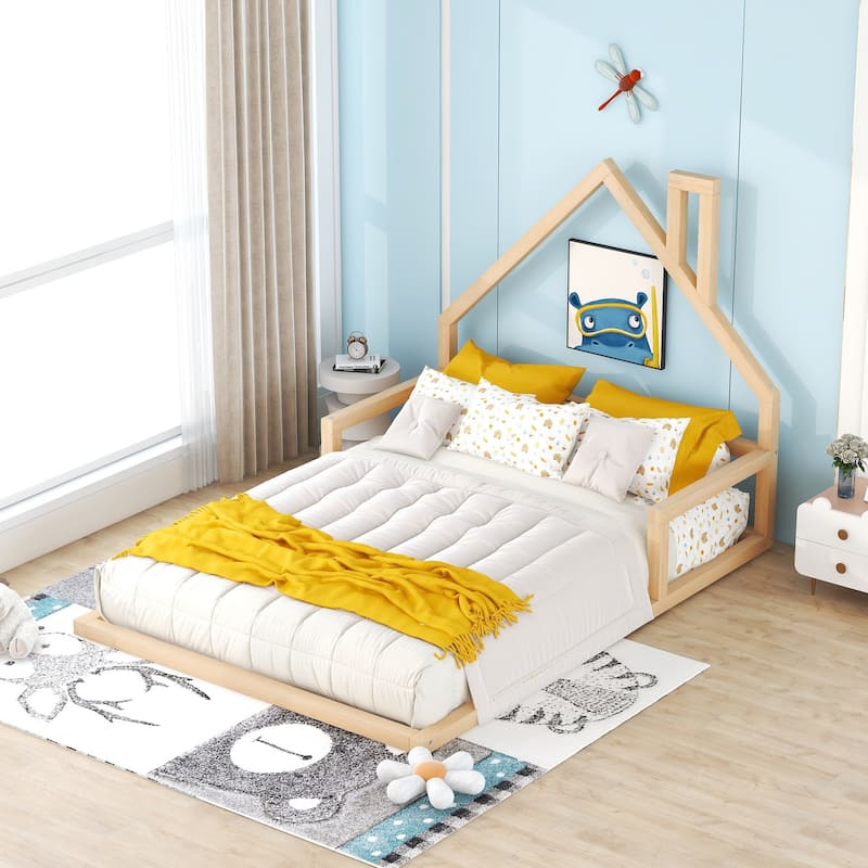 Full Size Wooden Floor Bed with House-Shaped Headboard, Sturdy Pine Frame