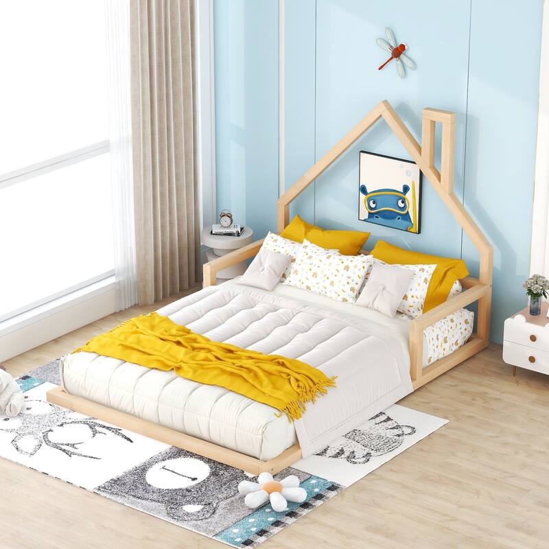 Twin/Full Wood Floor Bed with House-Shaped Headboard, Modern Bed for Kids, No Box Spring Needed, Pine Wood Frame - Natural - Full