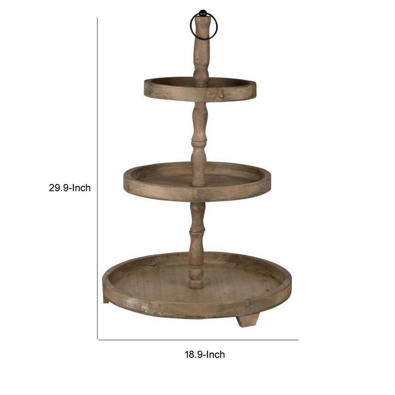 Zia 30 Inch 3 Tier Serving Tray, Flat Round Plates, Brown Fir Wood Finish
