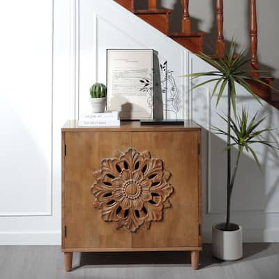Rustic Hand-Carved Wooden 2-Door Cabinet - Boho Accent Storage Cabinet with Floral Design, Solid Wood Sideboard