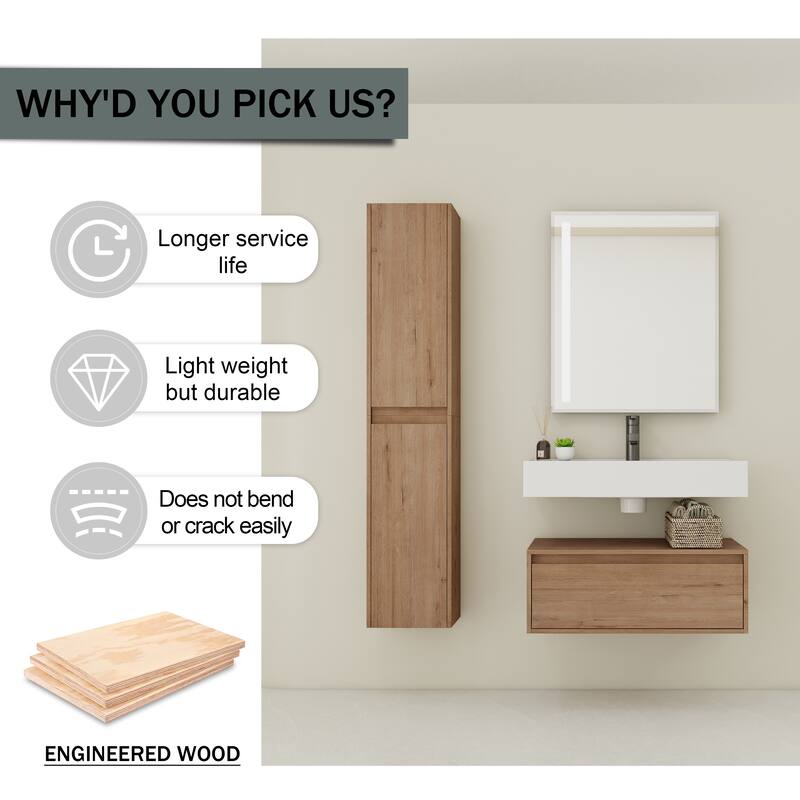 30" Wall-Mounted Bathroom Vanity with Resin Sink, Soft-Close Drawer & Adjustable Side Cabinets, Easy Assembly